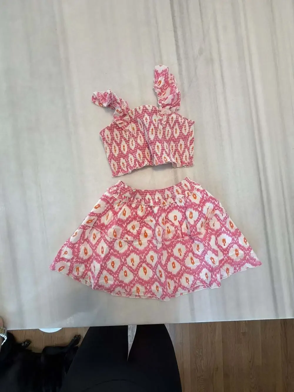Girl’s Pink and White Ikat Print Smocked Crop Top and Skirt Two-Piece Set